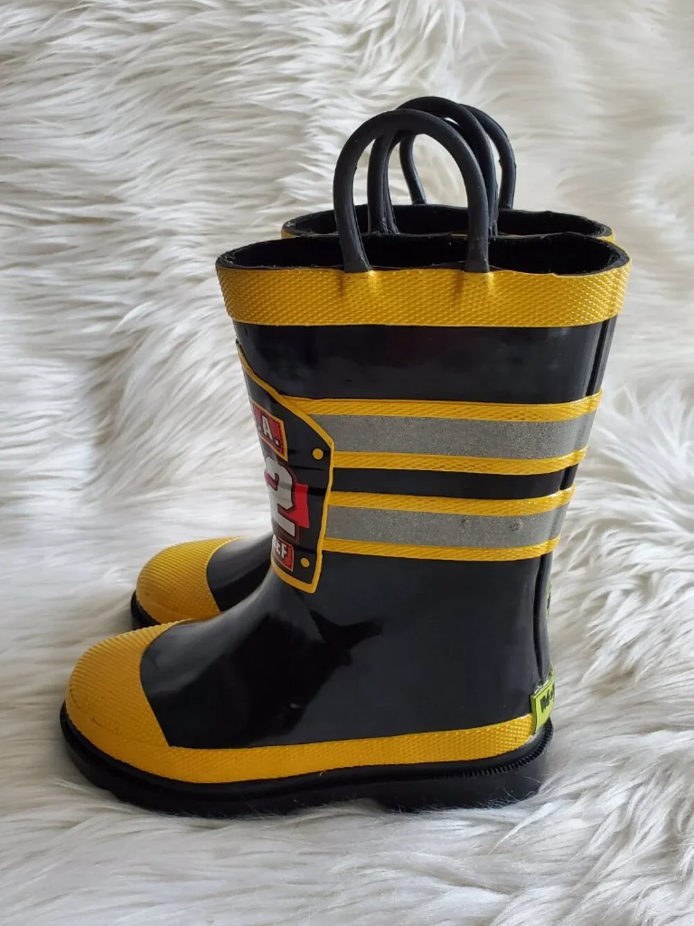 Western Chief Kids Black/Yellow Firefighter Waterproof Rain Boots SZ 8